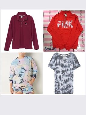 4 NWT VS PINK Palm Tree Fleece Quarter Zip Pullover, Long Sleeve Campus Tee
